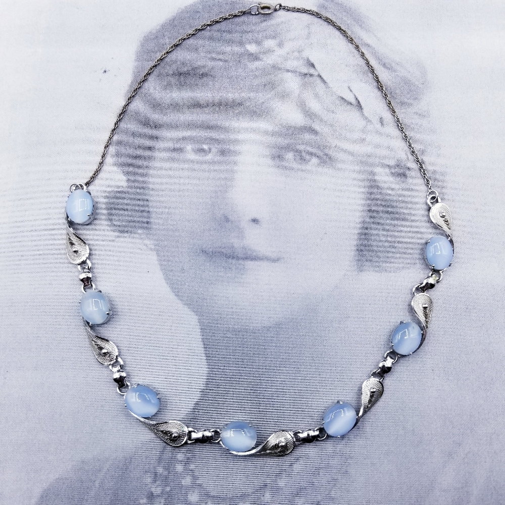 Vintage Sterling Silver Alice Caviness Aquamarine Glass Moonstone Necklace